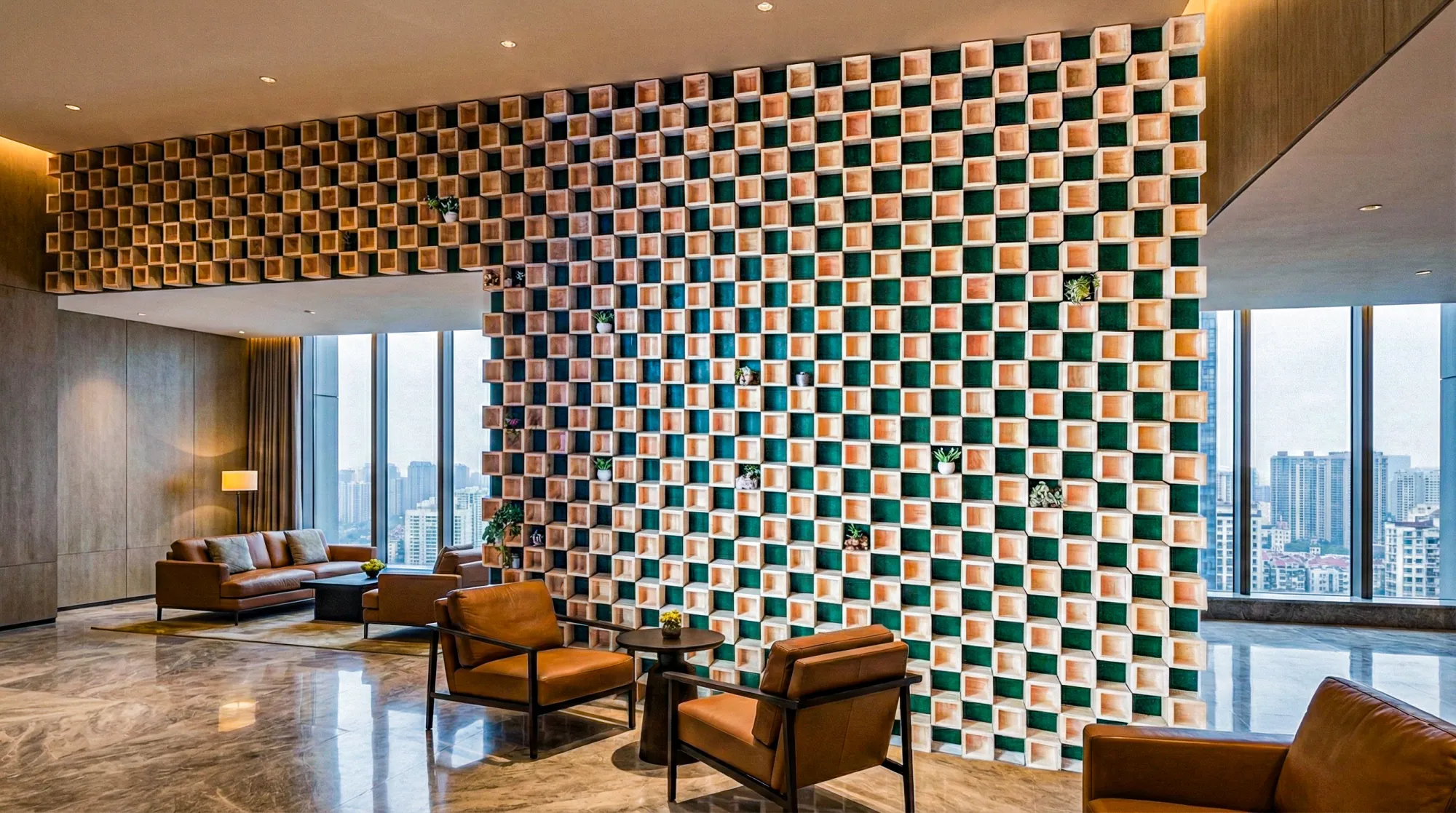 Concept visualization of a Masu Wall in a hotel lobby (AI-generated image, not an actual installation)
