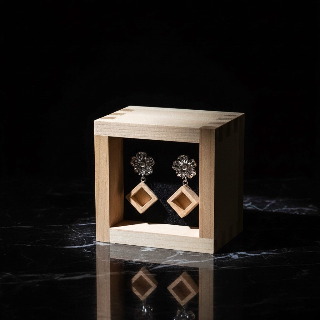 Écrin masu KUMIKI sur marbre noir — boucles d'oreilles fleur en argent et bois de hinoki, bijou japonais d'exception